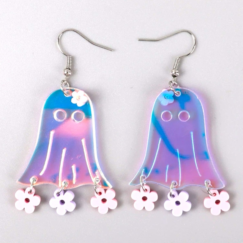 Iridescent Halloween ghosts with flowers 925 silver hooks earrings